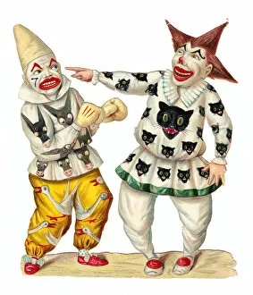 Two clowns in colourful costumes on a Victorian scrap