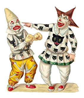 Images Dated 10th November 2015: Two clowns in colourful costumes on a Victorian scrap