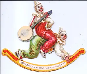 Banjo Prints: Two clowns on a rocking horse on a movable cutout card