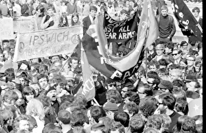 Activist Gallery: CND demonstration in London -- a crowd of people with banners. Date: late 1960s
