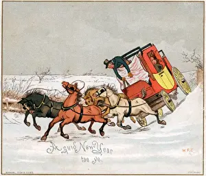 Coachman Prints: Coach and horses on a New Year card