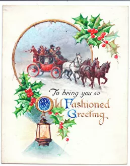 Trumpet Collection: Coach and horses in the snow on a Christmas card