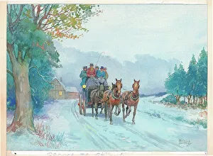 Coaching Prints: Coaching winter scene Watercolour painting Savile