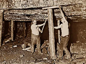 Props Prints: Coal Mining fitting roof supports early 1900s