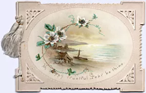 Tassels Collection: Coastal scene with flowers on a New Year card