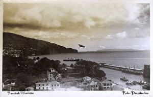 Portugal Collection: Coastal view of Funchal, Madeira with seaplane taking off