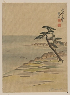 Coastal view with village and pine trees along the waterfron Coastal view with village and pine trees along the waterfron