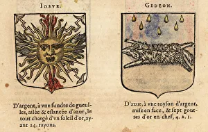 Escutcheon Prints: Coats of arms of Biblical figures Joshua and Gideon. Josue, Gede
