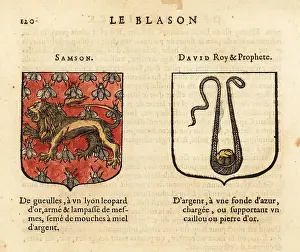 Escutcheon Prints: Coats of arms of Biblical figures Samson, and David, king and pr