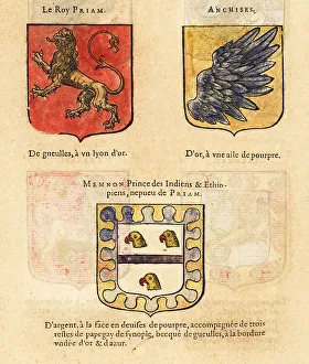Escutcheon Prints: Coats of arms of mythological figures King Priam of Troy, Anchis