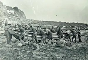 Dyfed Prints: Coble fishing boat and crew, Pembrokeshire, South Wales
