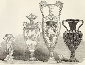 Apr22 Prints: A collection of examples of Sevres porcelain on display in an exhibition of French manufacturing at 13 Hanover Square