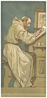 Tonsure Prints: Collectors card, monk working on a manuscript