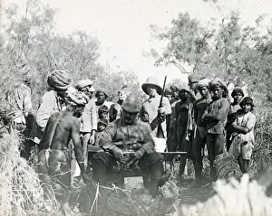 Colonial hunting party in India, setting out in reed boats