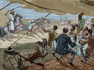 Colonialism. Arab World. Europeans during the lunch. Engravi