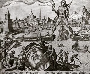 The Colossus of Rhodes. Engraving by Philip Galle (1537-1612