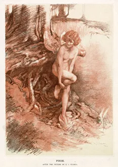 A colour illustration showing a pixie perched against a tree. Date: 1924