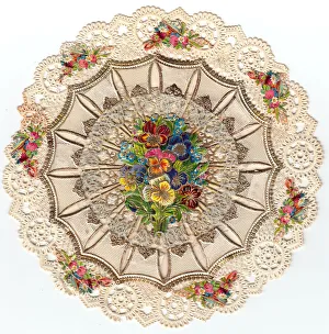 Pansies Gallery: Colourful flowers on a circular lacy greetings card