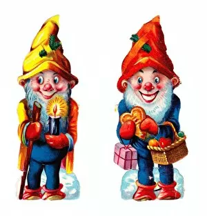 Gnomes Gallery: Colourful gnomes on two Victorian Christmas scraps