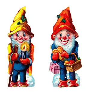 Dwarves Prints: Colourful gnomes on two Victorian Christmas scraps