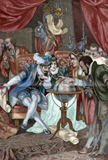 Negotiations Gallery: Columbus in Santa Fe camp. Engraving. Specht engraving after