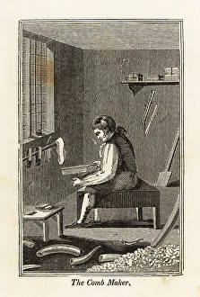 Workplace Prints: Comb maker sawing teeth into a comb in a workshop