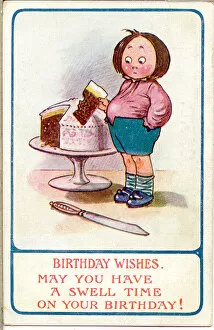 Stomach Gallery: Comic birthday postcard, Boy with large cake, and a swelling stomach Date