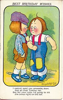 Fist Prints: Comic birthday postcard, Two boys about to fight Date: 20th century