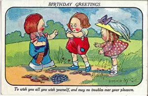 Aggressive Gallery: Comic birthday postcard, Two boys about to fight as girl watches Date: 20th century