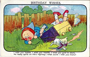 Comic birthday postcard, Two children in a garden, falling out of a cart Date Comic birthday postcard, Two children in a garden, falling out of a cart Date