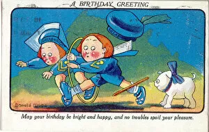 Dreadnought Gallery: Comic birthday postcard, Two children in sailor suits Date: 20th century