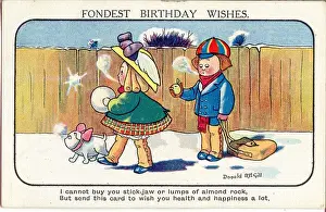 Snowball Prints: Comic birthday postcard, Two children in the snow Date: 20th century