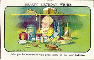 Spoon Prints: Comic birthday postcard, Little child with food and drink Date: 20th century