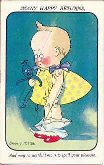 Loose Collection: Comic birthday postcard, Little girl with fallen knickers Date: 20th century