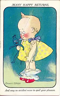 Fallen Prints: Comic birthday postcard, Little girl with fallen knickers Date: 20th century