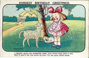 Lamb Collection: Comic birthday postcard, Little girl with lamb Date: 20th century