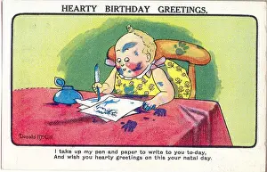 Messy Prints: Comic birthday postcard, Little girl writing greetings