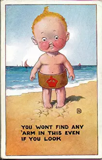 Scheme Prints: Comic patriotic postcard, wartime recruitment - little boy wearing his armband at the seaside