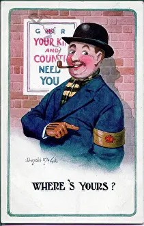 Scheme Prints: Comic patriotic postcard, wartime recruitment - man with Derby Scheme armband