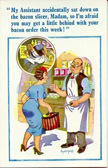 Apology Gallery: Comic postcard, accident with bacon slicer Date: 20th century