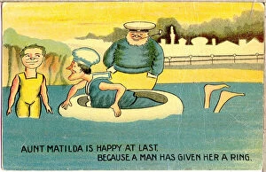 Holidays Gallery: Comic postcard, Aunt Matilda bathing in the sea in an inflatable ring Date