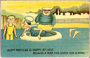 Matilda Prints: Comic postcard, Aunt Matilda bathing in the sea in an inflatable ring Date