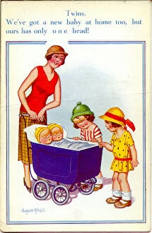 Comic postcard, Two babies in a pram - twins Date: 20th century