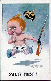 Comic postcard, Baby running away - Safety First!! Date: 1914-1918