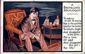 Comic postcard, A bachelor's soliloquy - Whether to get married or not (based on a Hamlet soliloquy) Date: early 20th century