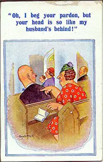 Comic postcard, bald-headed man in church Date: 20th century