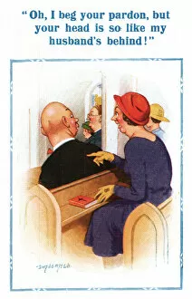 Donald Gallery: Comic postcard, bald-headed man in church Date: 20th century