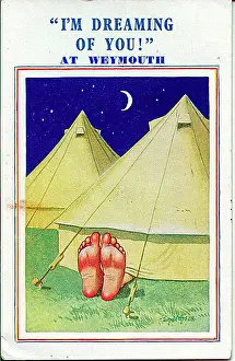 Sticking Prints: Comic postcard, Bare feet sticking out of tent Date: 20th century