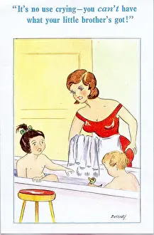 Brother Prints: Comic postcard, Bathtime for son and daughter Date: 20th century