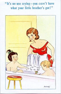 Comic postcard, Bathtime for son and daughter Date: 20th century
